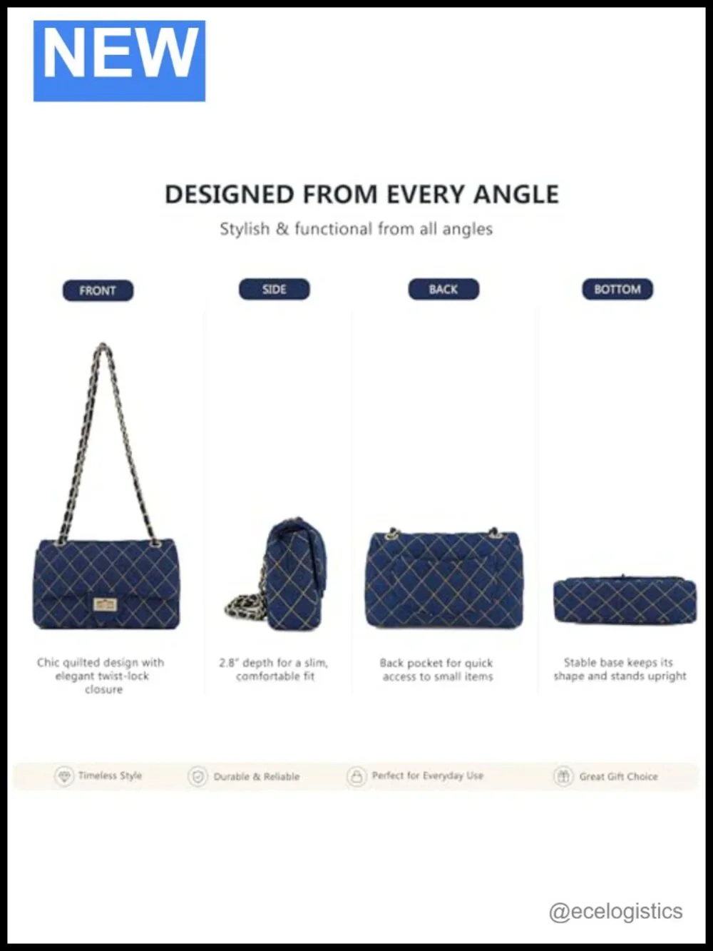 Vintage Quilted Denim Flap Shoulder Bag with Chain Strap